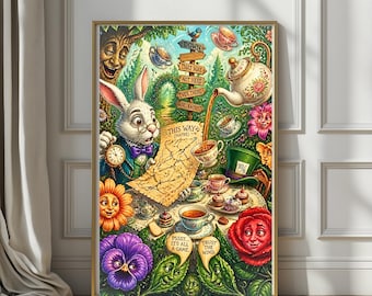 Where Curiosity Leads | Down The Rabbit Hole, Whimsical Tea Party, White Rabbit Art Print, Wonderland Nursery