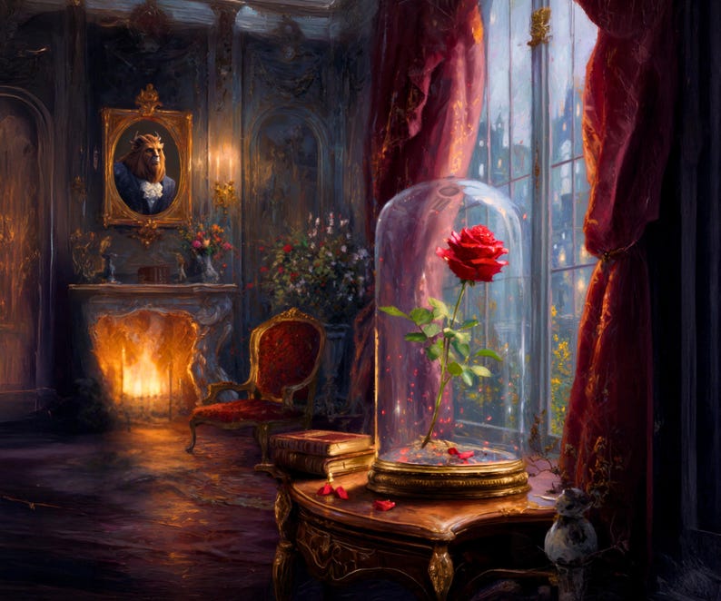 Before the Last Petal Falls | Romantic Fairytale Art, Romantic Rose Under Glass Wall Art, Enchanted Rose Print, Old World Decor, Fairytal image 3