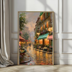 Romantische Europäische Straße, Gemütlicher Regnerischer Abend Wandkunst, Paris Cafe Lichter Gemälde, Blumenladen Straßenszene, Warmes Glühen Kunstwerk, Cottagecore