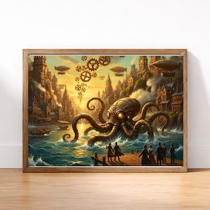Le Kraken mécanique | Art mural steampunk monstre marin, impression port victorien, décoration océan rétro fantastique, oeuvre d'art nautique de science-fiction
