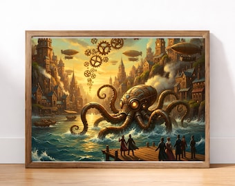 Mechanische Kraken | Steampunk zeemonster muurdecoratie, Victoriaanse havenprint, retro fantasie oceaan decoratie, nautisch sciencefiction kunstwerk