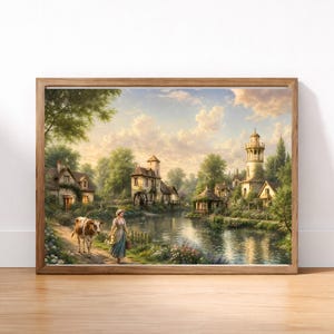 May include: A framed landscape painting depicting a rural scene with a person walking a brown and white cow along a riverbank. The composition includes stone buildings, a water wheel, a tall tower, and lush green trees under a cloudy sky.