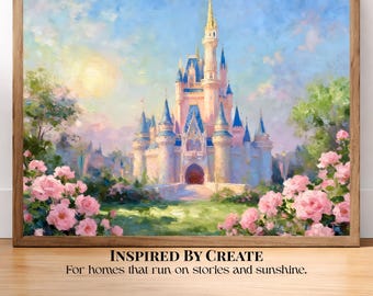 May include: A framed painting of a castle with tall spires, blue roofs, and pink walls, surrounded by pink rose bushes under a bright sky. Below the image, the text reads: INSPIRED BY CREATE For homes that run on stories and sunshine.