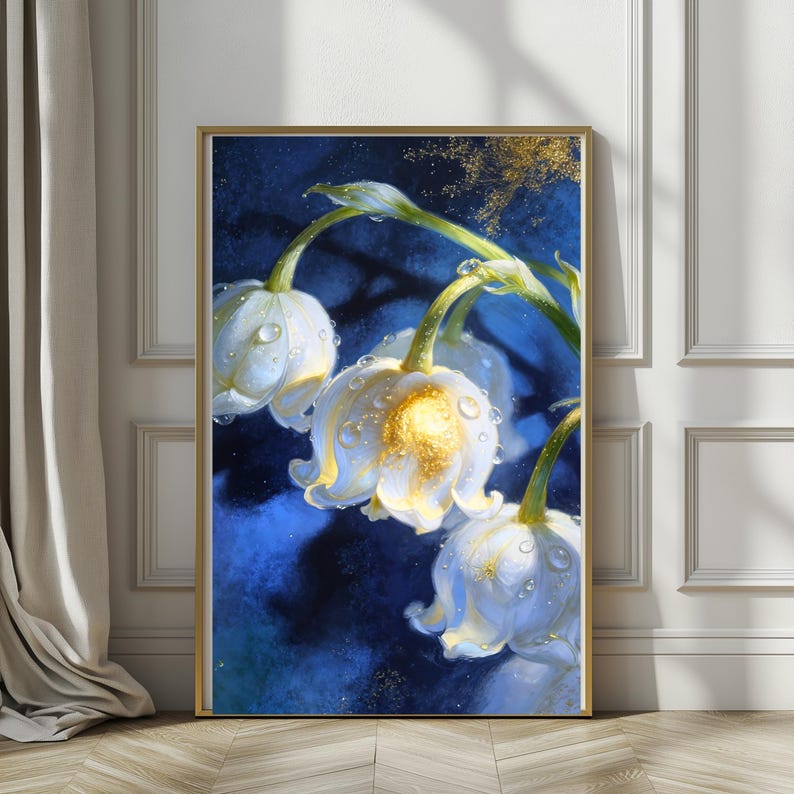 May include: A framed art print featuring white flowers with yellow centers and water droplets against a deep blue background. The flowers are in a cluster, with a gold frame. The artwork has a painterly style.