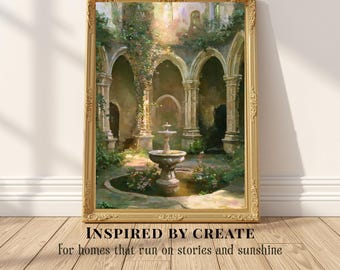 The Courtyard That Remained | Romantic Castle Ruins Art Print, Secret Garden Wall Decor, Gothic Archway and Fountain Artwork