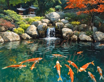 Tranquility Gardens – Serene Koi Pond Wall Art, Japanese Garden Landscape, Calming Nature Print, Cottagecore Decor