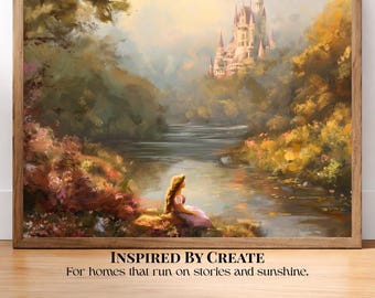 May include: A framed landscape painting featuring a person with long hair sitting by a riverbank, looking toward a distant castle on a hill. The scene is rendered in warm, golden tones with lush foliage. Text reads: INSPIRED BY CREATE For homes that run on stories and sunshine.