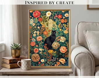 May include: A framed wall art print featuring a black cat sitting amidst a dense garden of colorful flowers in shades of red, orange, yellow, and cream against a dark green background. The text INSPIRED BY CREATE is visible above.