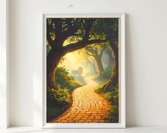 May include: A framed wall art print titled INSPIRED BY CREATE featuring a yellow brick path winding through a lush forest with large trees and golden sunlight filtering through the canopy. A silhouette of a lion stands in the distance.