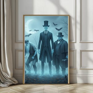 May include: A framed art print featuring three figures in a spooky, foggy scene. The central figure is a skeleton in a suit and top hat. The other two figures are dressed in dark clothing. Bats and a crescent moon are in the background.