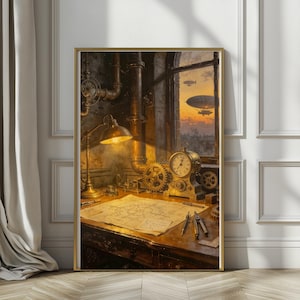 May include: A framed print in a steampunk style shows a detailed workshop scene. A desk with blueprints, gears, and tools sits under a warm lamp. A clock and pipes are visible, with airships in the sunset sky outside the window.