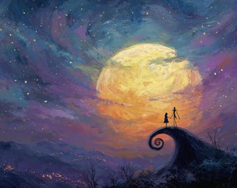 Gothic Skeleton Couple Wall Art – Twilight Night, Eternal Love Under the Moon, Romantic Dark Fantasy Decor, Collectors Edition I