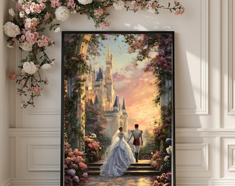 Romantic Fairytale Castle Art Print| Disney Romance Inspired| Wedding & Anniversary Wall Art| Storybook Love Illustration