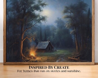 The Homestead | Moonlit Woodland Cabin Print, Cozy Forest Cottage Wall Art, Rustic Cabin Decor, Storybook Landscape, Woodland Home Gift