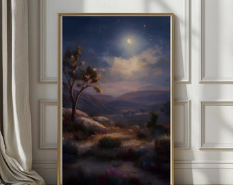 Sacred Stillness | Moonlit Joshua Tree Desert, Fine Art Print, Dreamy Painterly Style, Calm Night Sky Wall Art