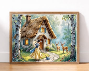 Magiczny leśny domek – wydruk artystyczny – bajkowa leśna dekoracja ścienna, fantazyjne ilustracje do domku, bajkowy wystrój pokoju dziecięcego i fantasy