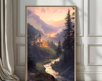 Lanterns of the Black Forest | Romantic European Landscape Wall Art, Moody Forest Village Print, Old World Escape Decor
