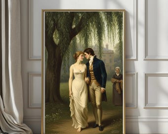 Romantic Regency Couple Art Print | Vintage Garden Lovers Painting, Soft Elegant Wall Decor, Cottagecore Romance Wall Art