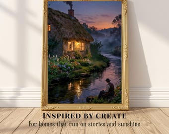 Evening Stillness | Cottage by the River Art Print, English Countryside Wall Decor, Cozy Cottagecore Landscape Painting