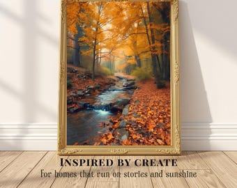 Autumn Woodland Creek Print | Golden Forest Landscape Wall Art | Cozy Fall Nature Decor | Rustic Cabin Artwork | October Stream Painting