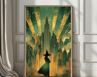 Emerald City Dream | Art Deco Witch Wall Art, Wizard of Oz Inspired Print, Vintage Fantasy Decor, Green Gold Aesthetic