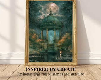 Where She Waits | Haunted Moonlit Gazebo, Gothic Ghost Wall Art, Dark Romantic Autumn Print