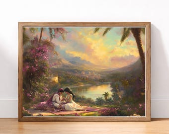 Arabian Nights Picnic | Romantic Desert Oasis Wall Art, Luminous Sunset Landscape, Storybook Middle Eastern Fine Art Print