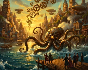 Steampunk Kraken Art Print – Retro Sci-Fi Sea Monster Wall Decor
