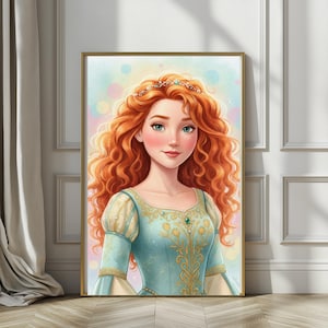 May include: A framed art print featuring a cartoon illustration of a woman with long, curly red hair and blue eyes. She wears a teal dress with gold accents and a jeweled tiara. The background has pastel colors.