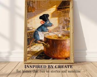 May include: A framed wall art print featuring a blue rat wearing a black chef hat and white apron, stirring a large copper pot of soup with a silver ladle. The text below the frame reads: INSPIRED BY CREATE For homes that run on stories and sunshine.