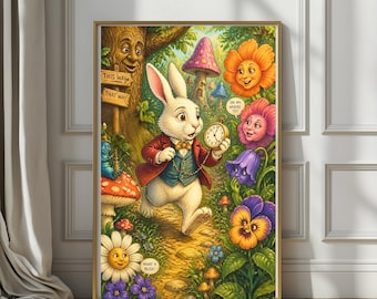 Don’t Be Late | Down the Rabbit Hole, Whimsical White Rabbit Art, Storybook Forest Print, Curious Adventure Decor, Wonderland Nusery
