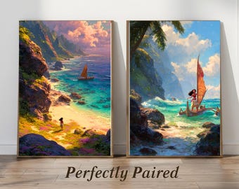 Tropical Wall Art Set of 2, Island Adventure Print Pair, Hawaiian Ocean Landscape Decor, Turquoise Beach Artwork, Coastal Boho Wall Art