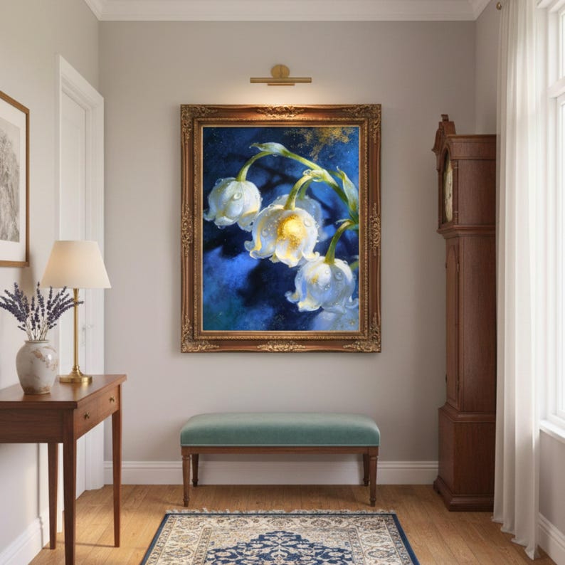 May include: A framed floral painting featuring white flowers with water droplets against a dark blue background. The painting is in a gold ornate frame and hangs above a teal bench in a well-lit hallway. A wooden grandfather clock stands nearby.