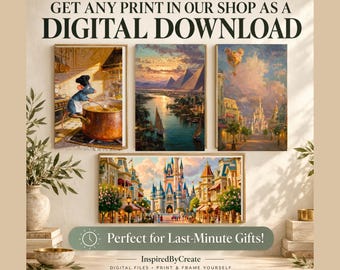 May include: Four framed art prints displayed on a wall. The top row shows a chef rat cooking, Egyptian pyramids at sunset, and a castle with a balloon. The bottom print features a large castle. Text reads: GET ANY PRINT IN OUR SHOP AS A DIGITAL DOWNLOAD.