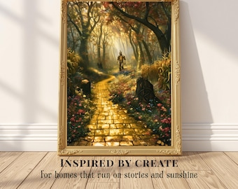 May include: A framed wall art print featuring a golden brick path winding through a dense, sunlit forest with a metallic figure standing in the distance. The text below reads: INSPIRED BY CREATE For homes that run on stories and sunshine.