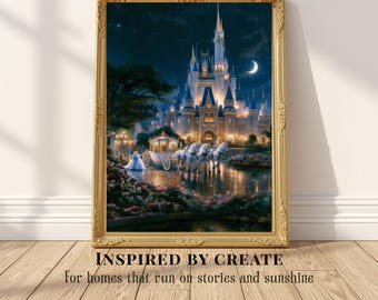 May include: A framed wall art print featuring a nighttime scene of a large, illuminated castle with tall spires, a crescent moon in the dark sky, and a horse-drawn carriage with a figure in a blue dress standing nearby, all encased in a gold frame.