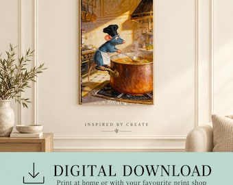 May include: A vertical wall art print featuring a blue rat wearing a white chef hat and apron, standing on a large copper pot while stirring the contents with a silver ladle. The scene is set in a kitchen with warm lighting and stove.