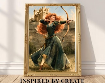 Scottish Archer Wall Art, Red Haired Princess Print, Highland Castle Art, Brave Heroine Storybook Decor