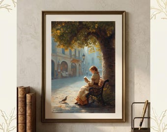 May include: A framed wall art print titled INSPIRED BY CREATE, depicting a person sitting on a bench under a tree reading a book in a town square with a bird nearby. The scene features warm golden light, stone buildings, and a dark brown frame.