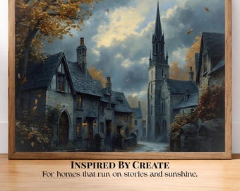 The Quiet Parish | Gothic Village Church in Autumn | Tales After Dark Wall Art | Moody Cottagecore Print | Dark Academia Decor