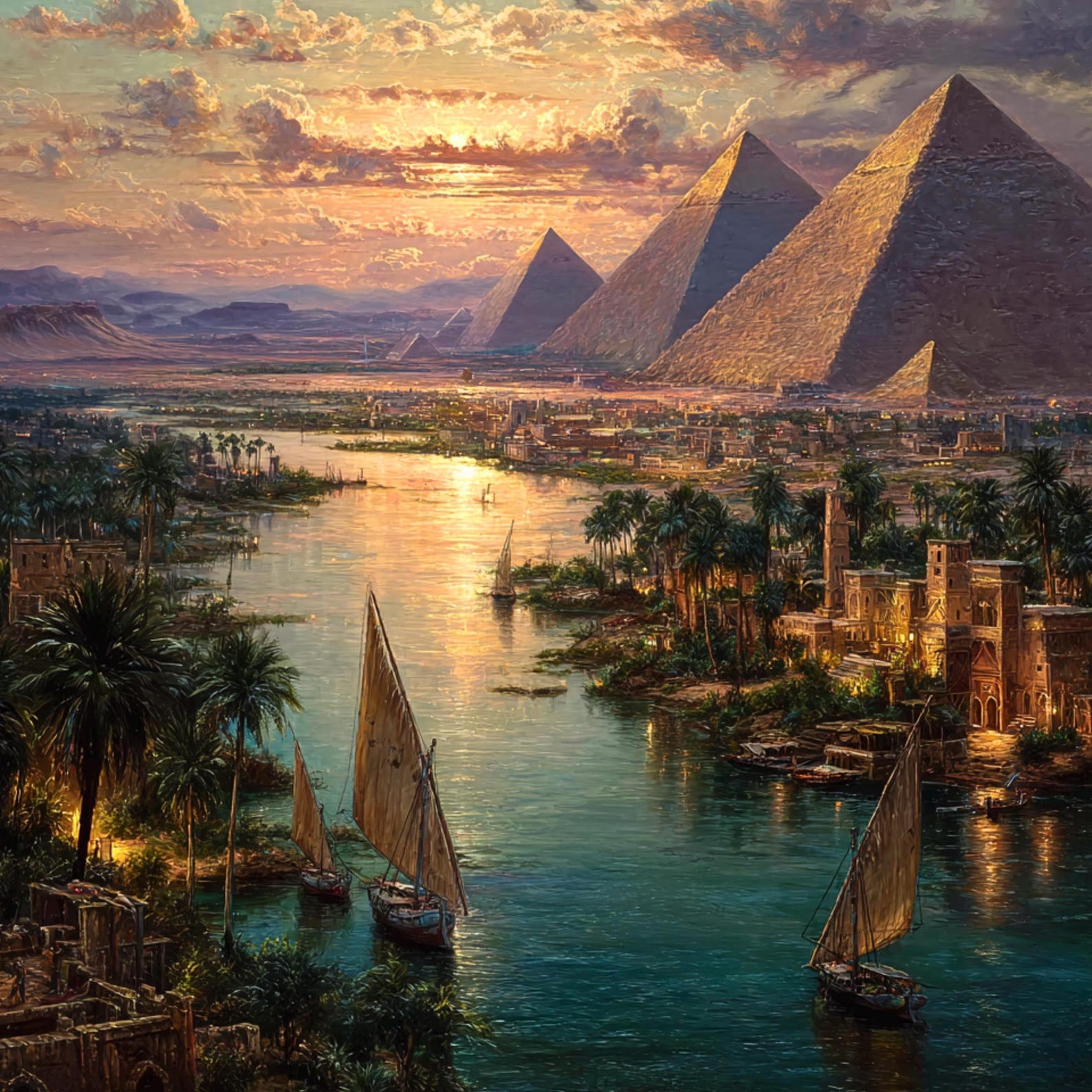 Pyramids of Giza Wall Art – Ancient Egypt Nile River Landscape Painting ...