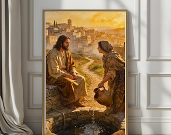 Op de afbeelding: Ingelijste kunstdruk met een bijbelse scène. Een man in een gewaad zit bij een put terwijl een vrouw water uit een kruik giet. De achtergrond toont een stad bij zonsondergang, met warme gouden tinten en een stenen put op de voorgrond.