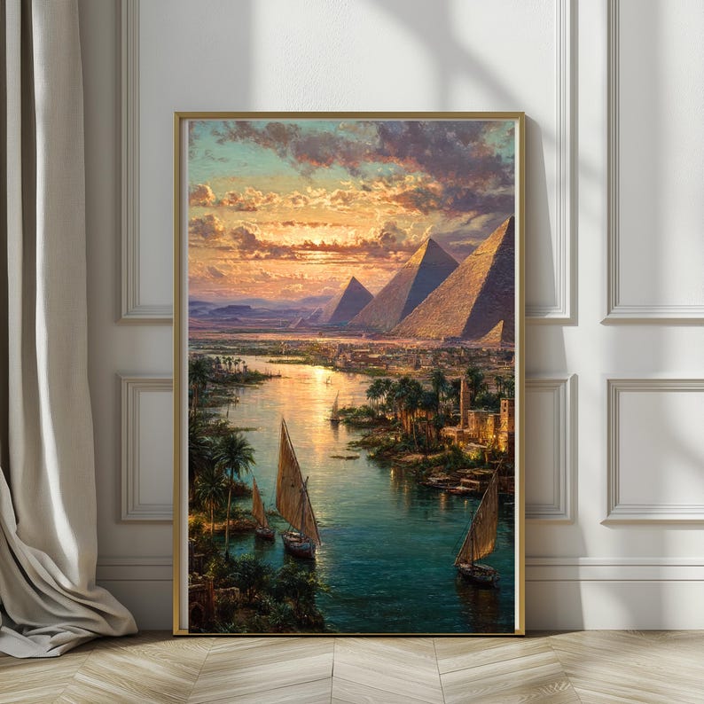 Pyramids of Giza Wall Art – Ancient Egypt Nile River Landscape Painting ...