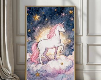 Moonlit Guardian Unicorn | Unicorn Nursery Art, Pink Unicorn Print, Magical Children’s Room Decor, Gentle Protector, Dreamy Kids Wall Art
