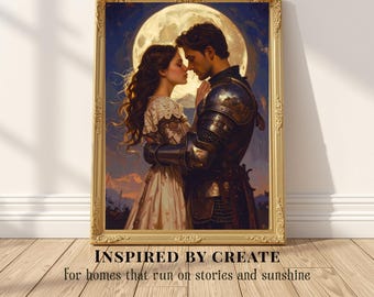 Moonlit Devotion | Bookish Romance Wall Art, Knight and Maiden Painting, Literary Fantasy Decor, Romantic Medieval Artwork
