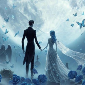 May include: A digital illustration of a couple holding hands, set against a moonlit sky filled with butterflies. The woman wears a white gown and veil, while the man is in a black suit. Blue roses and an angel statue are in the foreground.