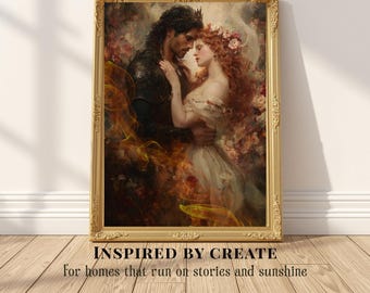 May include: A framed wall art print featuring a romantic painting of a man in dark armour embracing a woman with long red hair adorned with flowers. The scene is surrounded by swirling golden light and floral elements. Text reads: INSPIRED BY CREATE For homes that run on stories and sunshine.