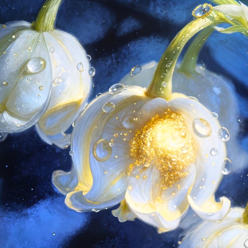 May include: Close-up of white flowers with a golden center and water droplets. The petals are delicate and slightly translucent, with a soft, glowing effect. The background is a deep blue, creating a contrast with the bright flowers.