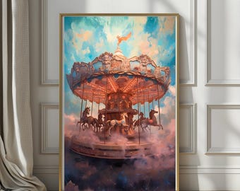 Carousel Wall Art | Whimsical Carousel Dreams, Fantasy Fairground Print, Storybook Nursery Decor, Vintage Merry Go Round Art