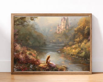 Rapunzel Fairytale Princess | Fairytale Castle Landscape Print, Princess Wall Art, Romantic Fantasy Decor, Storybook River Painting